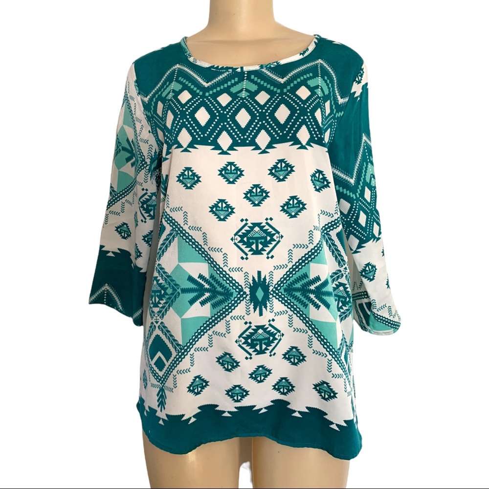 Everly Green Geometric Tunic Boho Blouse Scoop Neck Shirt Top
